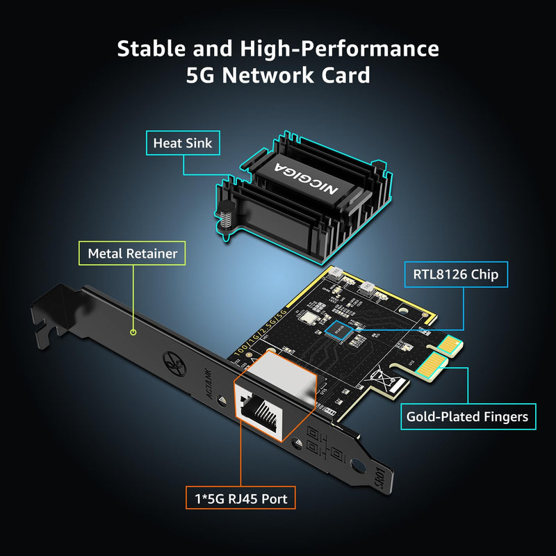 5Gb Base-T Network Card, Realtek RTL8126 Controller, NICGIGA 5G PCIe Ethernet Adapter Support WOL, 5Gbe RJ45 Port NIC Card, Windows10/11/Windows Server/Linux NIC-5G