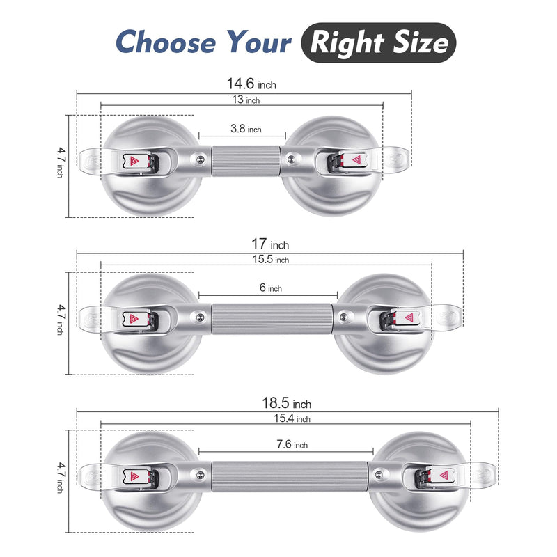 Grab Bars for Bathtubs and Showers, 17-inch Upgraded Safety Suction Grab Bar for Shower, Tools-Free Installation for Bathroom Wall, Shower Handles for Elderly with Enlarged Suction Cup - Silver