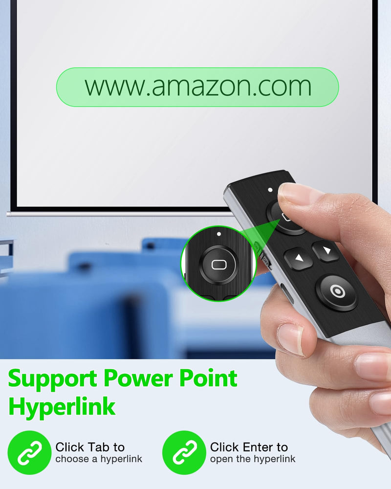 Wireless Presentation Clicker- Clicker for Powerpoint Presentations- Rechargeable Presentation Remote, Slide Advancer for Keynote/PPT/Mac/PC/Laptop Green Light-Rechargeable & Metal