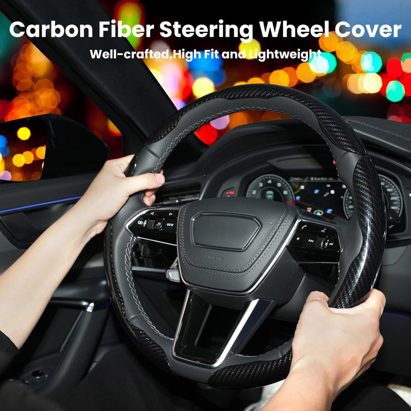 Carbon Fiber Steering Wheel Cover 3PCS Set – Anti-Slip, Scratch-Resistant, Universal Fit for 14–16 Inch Wheels – Interior Car Accessories for Cars, SUVs, Trucks (Black) Black