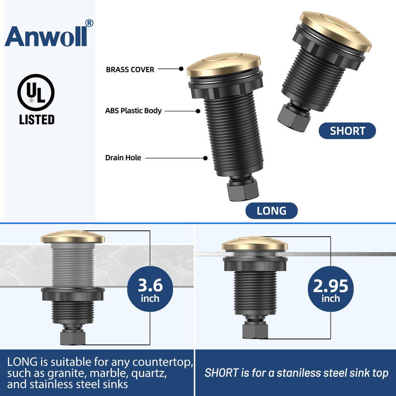 Garbage Disposal Air Switch Kit -Professional, Dual Outlet Sink Top Waste Disposer On/Off, Air Switch Button, UL Listed, Long/3.6“, Champagne Bronze Long/3.6"
