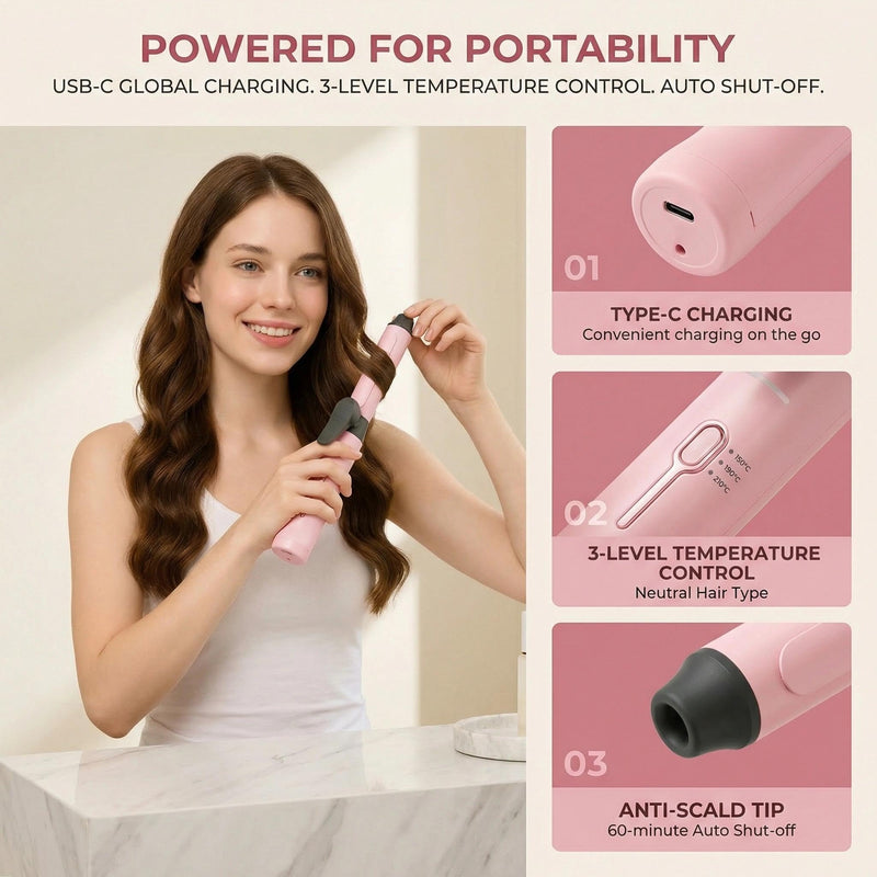 Mini Cordless Curling Wand - Rechargeable Travel Curling Iron with 3 Temperature Levels, Fast Heating & Ceramic Coating Perfect for Short & Medium Hair (Pink)