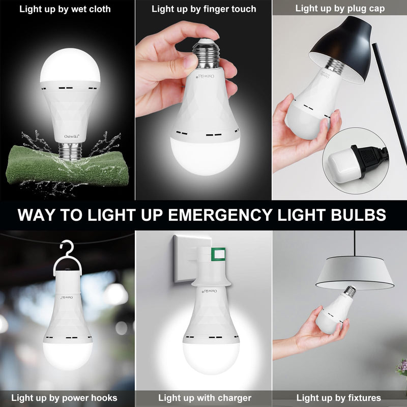 Ostwiki Rechargeable Emergency Light Bulbs 6 Pack Battery Operated Backup Light Bulbs for Power Outage Camping 9W E27 8500K Daylight Self-Charging Lamps for Home Hurricane Preparedness 8500k Cool White