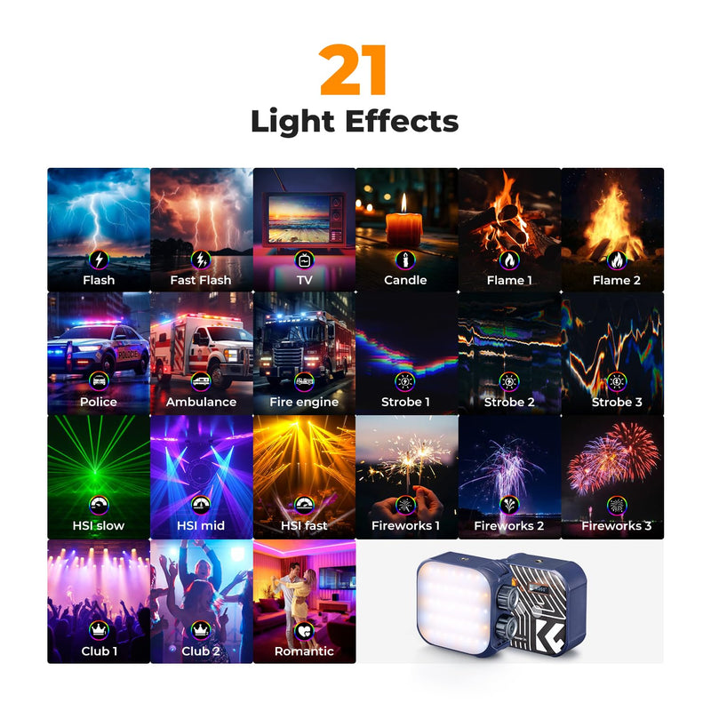 K&F CONCEPT RGB Video Light, 360° Full Color Portable Photography Light, LED Camera Light w 21 Light Effects, 2500K-9900K CRI 96+, 2000mAh Rechargeable Photography Lighting for Vlogging, Selfie, Blue