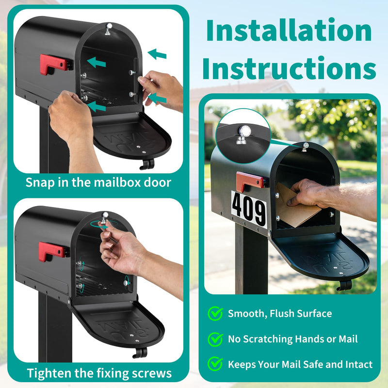 6.25"W x 8.25"H Arm Scratch Free Mailbox Door Replacement, Black Metal Front Panel with Install Kit, Fits Most Mailboxes, No Tool Hand Tighten Screw Fixed Repair Rusted or Damaged Mailbox Door