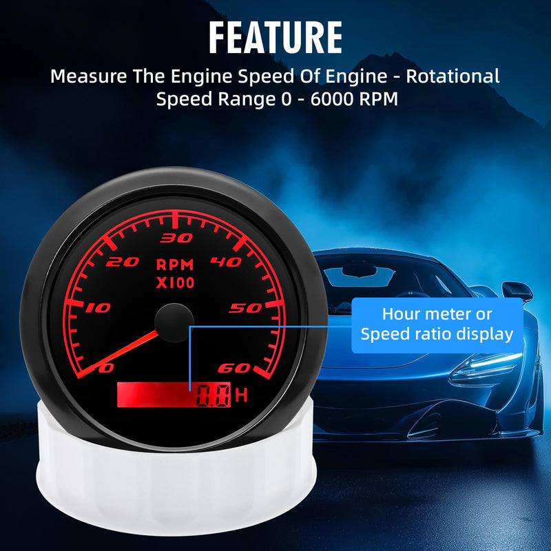 Tachometer Gauge 7 Color 0-6000 RPM Tacho Meter 85mm 3 3/8" for Auto Boat Marine Vehicle for 1-10 Cylinder Diesel and Gasoline Engine（Black） Black 6000RPM