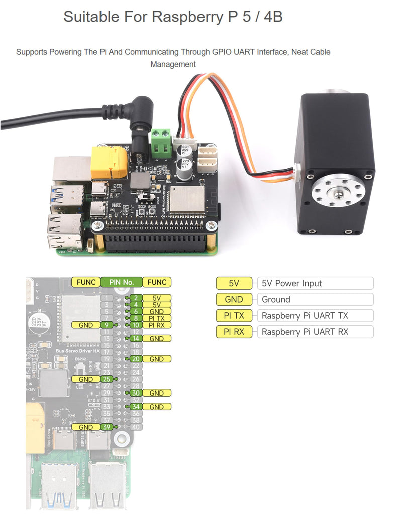 Serial Bus Servo Driver HAT Based on ESP32-WROOM-32 Module, Suitable for Raspberry P 5 / 4B and ST/RSBL Series Serial Bus Servos up to 253 Serial Bus Servos at The Same Time/Robotic Project