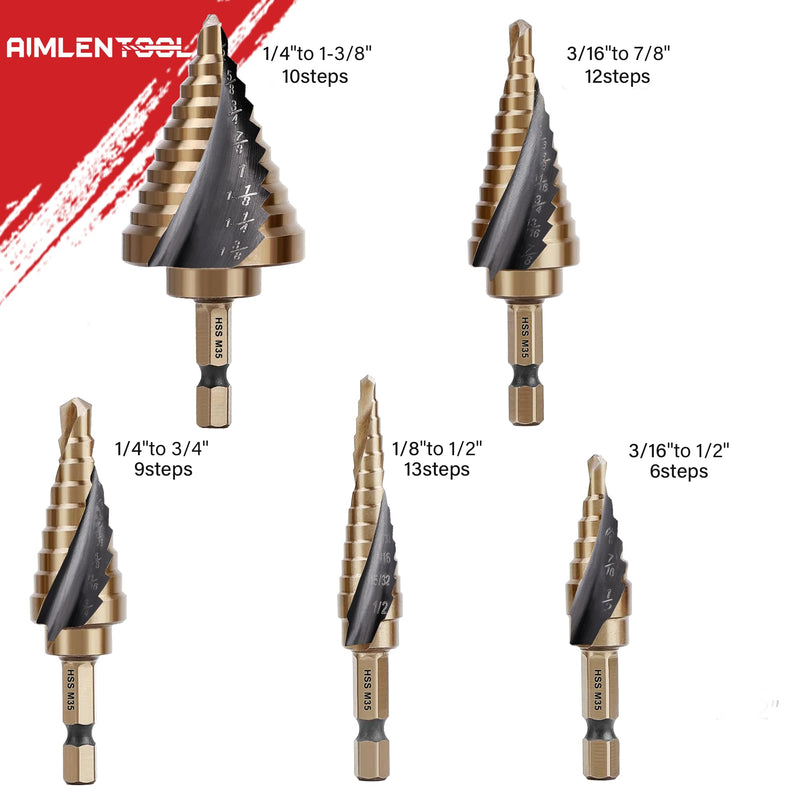 Cobalt Step Drill Bit Set, Hex Shank Step Drill Bit with Automatic Center Punch for Metal, Stainless Steel, Aluminum, Wood, and Plastic, Storage in Aluminum Case for DIY Lovers, 50 Sizes M35-6PC