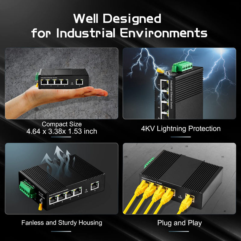 5 Port Industrial Ethernet Switch, 4 Ports and 1 Uplink 10/100Mbps, Fanless Din Rail and Wall Mount, IP40 Aluminum Alloy -40~75°C(-40~185°F), with One Power Supply 5 Port 100Mbps