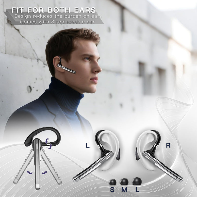 Bluetooth Headset V6.1,100Hrs Talk Time Single-Ear Wireless Earbud,CVC8.0 Noise Cancelling Bluetooth Earpiece,Handsfree Headset with Mic,Driving Headphoone for Trucker, Office, Business Gunmetal Black