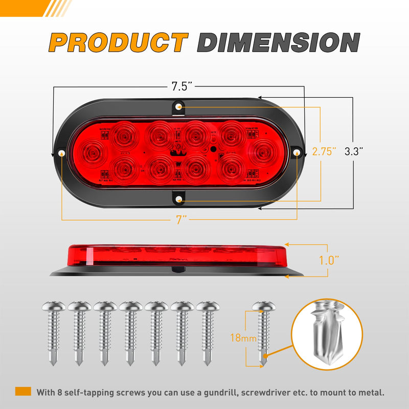 GOOACC 6Inch Oval Tail Light 2PCS Red 10LED Brake Stop Turn Signals Lights Surface Mount IP67 Waterproof for Trailer Truck RV Tractor Lorry Camper Van Red 2Pcs Screws