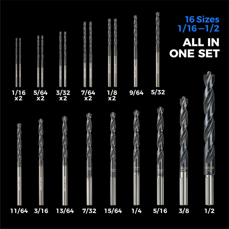 toolant Cobalt Drill Bit Set for Metal and Steel (Pro), Titanium Aluminum Nitride Coated (TiAlN) with Bullet Point Tip, for Hardened Metal, Stainless Steel, 21pcs 1/16"-1/2" 21 pc. Pro Set