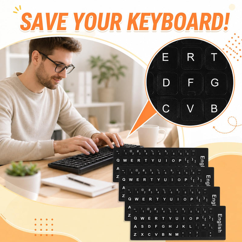 Universal Keyboard Letter Stickers, 4 Pcs English Laptop Keyboard Stickers | Replacement Keyboard Stickers for Keys with Black Background and White Lettering for Laptops Desktop Computers