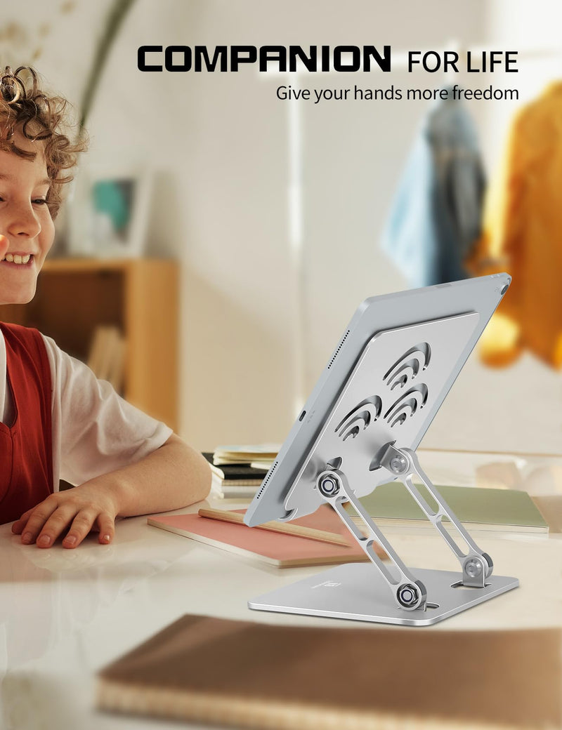 Tablet Stand Dual Adjustable Ipad Stand for Desk, and Premium Aluminum Stand Holders, Portable Ipad Holder Fits to all tablets, kindle, Switch,Phones and laptops up to 12.4 inches.(Silver) Silver