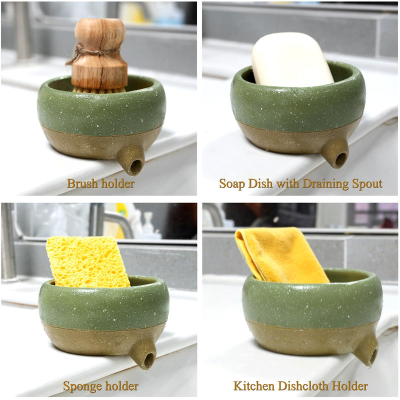 Self Draining Soap Dish and Soap Holder with Drain Spout for Sink, Shower, Bathroom, and Kitchen - Compact Resin Sponge Holder and Organizer, Keep Dry and Easy Cleaning Design, Green Rustic Green
