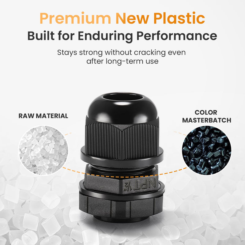 QILIPSU 50pcs 1/2" NPT Cable Gland Waterproof IP68 Nylon Cable Pass Through Cord Grip Connector Strain Relief Wire Grommet 1/2" NPT 50pcs