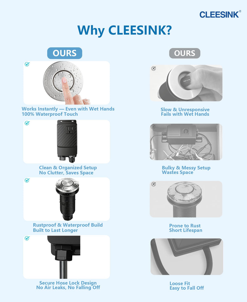 CLEESINK Garbage Disposal Air Switch Kit, Sink Top Air Switch Kit, Garbage Disposal Part with Brushed Gold Button, Single Outlet LONG/3.54",UL Single Outlet LONG/3.54"