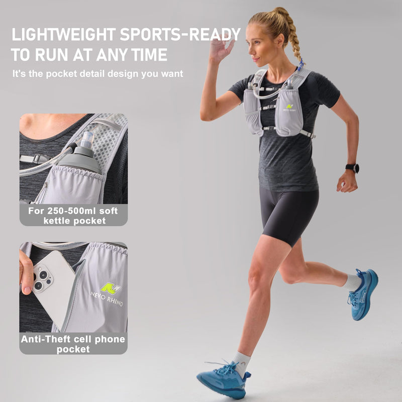N NEVO RHINO Running Hydration Vest for Women 1.5L Water Bladder Backpack 5L Small -Lightweight Breathable Hydration Vest for Hiking Trail Running Cycling Marathon for Women Grey