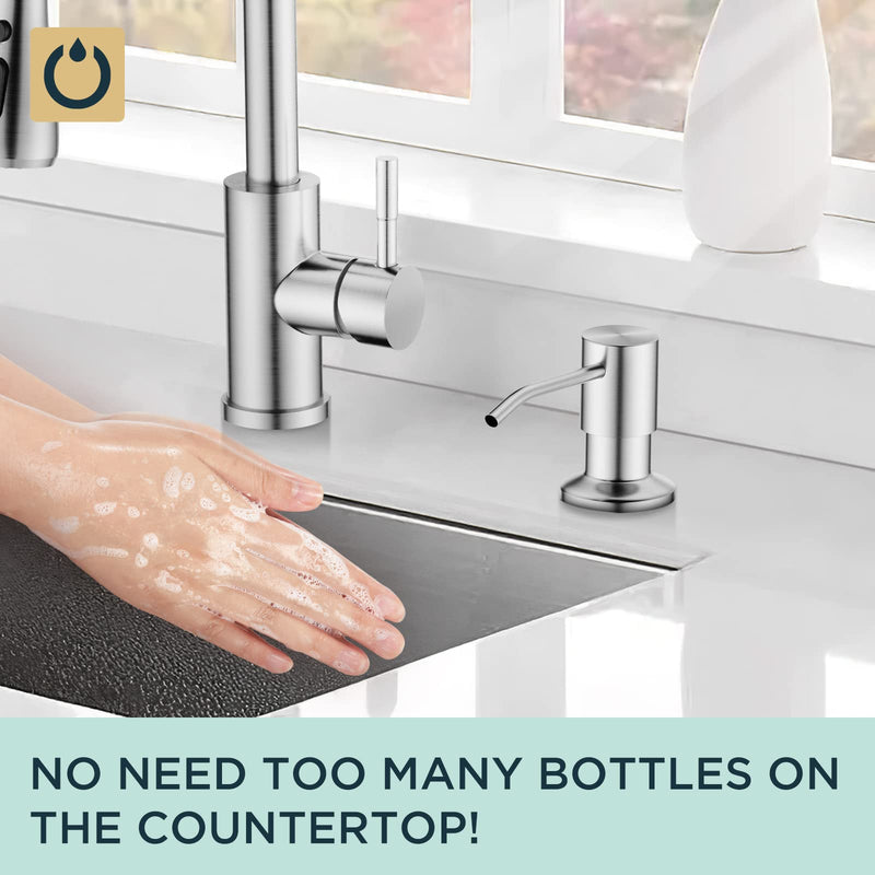 FORIOUS Brushed Nickel Soap Dispenser for Kitchen Sink with 500ML/18OZ Bottle, Lotion Dispenser Built in Refill from The Top for Countertop Sink Stainless Steel