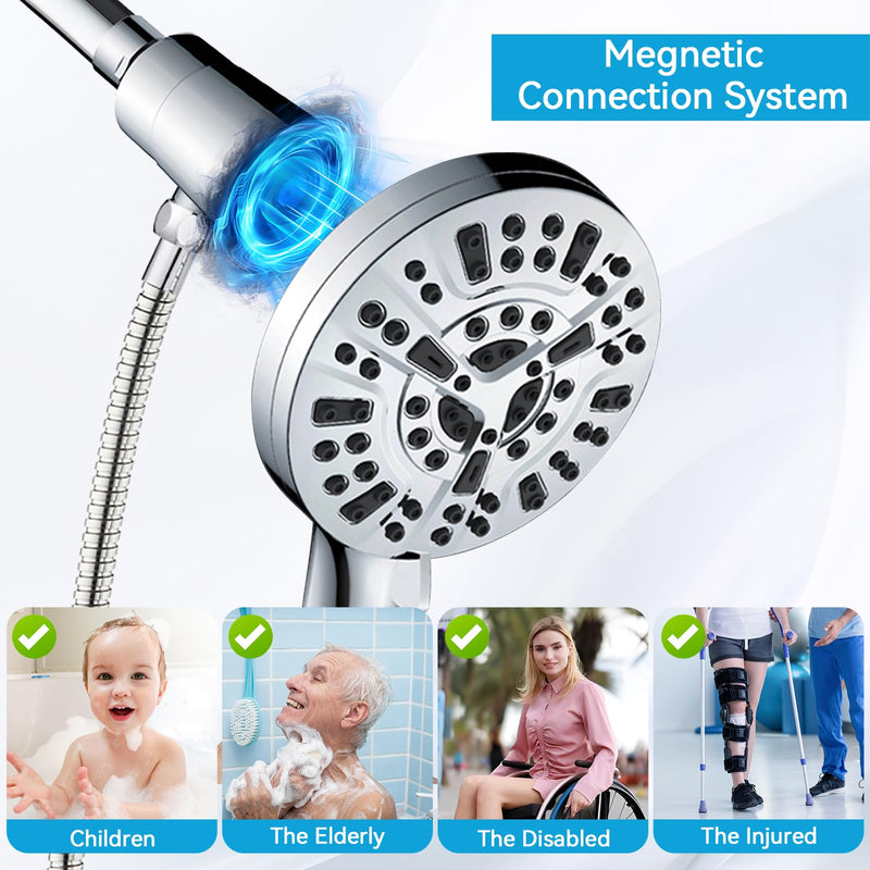 High Pressure Magnetic Shower Head with Handheld - Filtered Shower Heads with Hand Held Spray - 10 Modes Shower Head with 6 ft. Hose - Anti-Clog Nozzles,Bracket Brass Ball Joint, Silver With Magnetic Holder