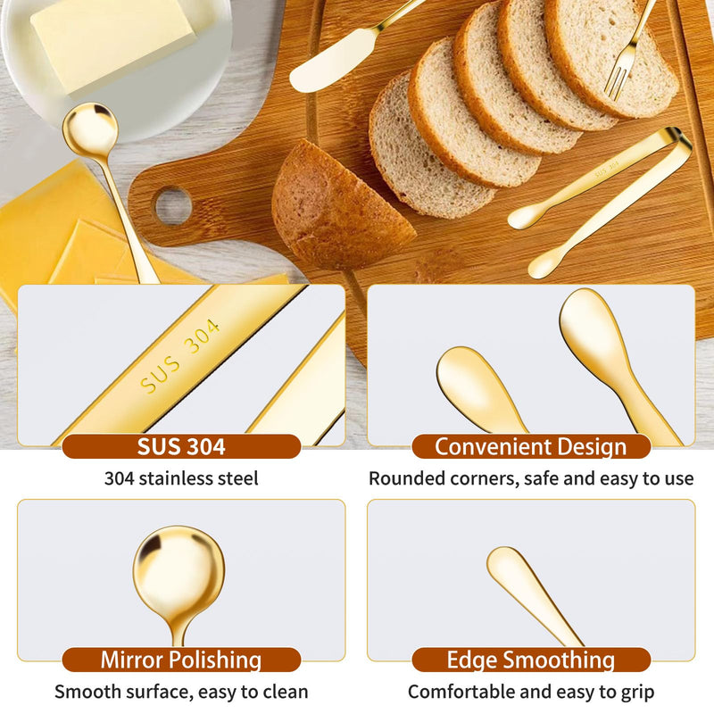 48 Pcs Charcuterie Boards Accessories Butter Spreader Knives Set Stainless Steel Cheese Mini Serving Tongs Spoons Forks Dipping Bowls Toothpick Flags Utensils for Pastry Making Wedding Christmas(Gold) 48Pcs Gold
