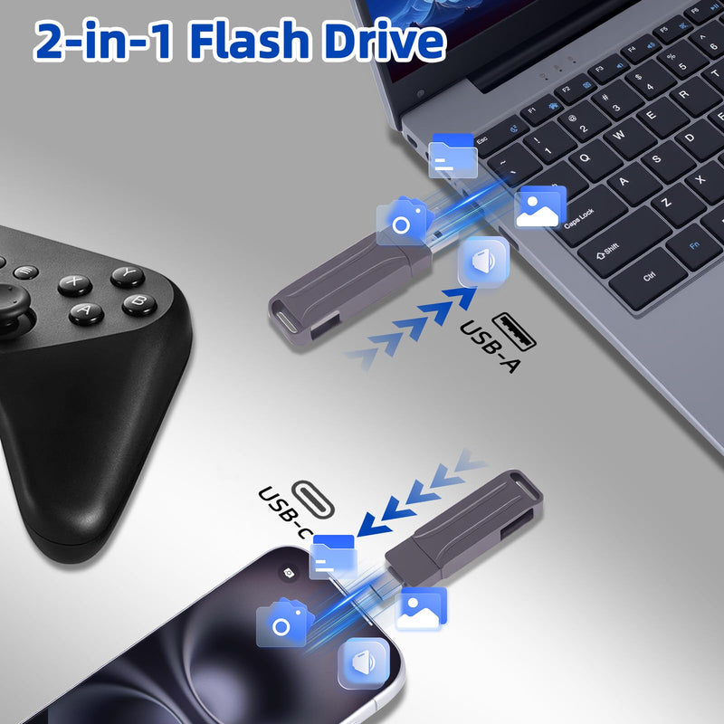 128GB USB Flash Drive, Dual USB A and Type-C Thumb Drive, Photo Stick, 2-in-1 External Storage Jump Drive for Photos, Videos and Data Backup, Android, Tablets, Laptops and PC Black 128GB