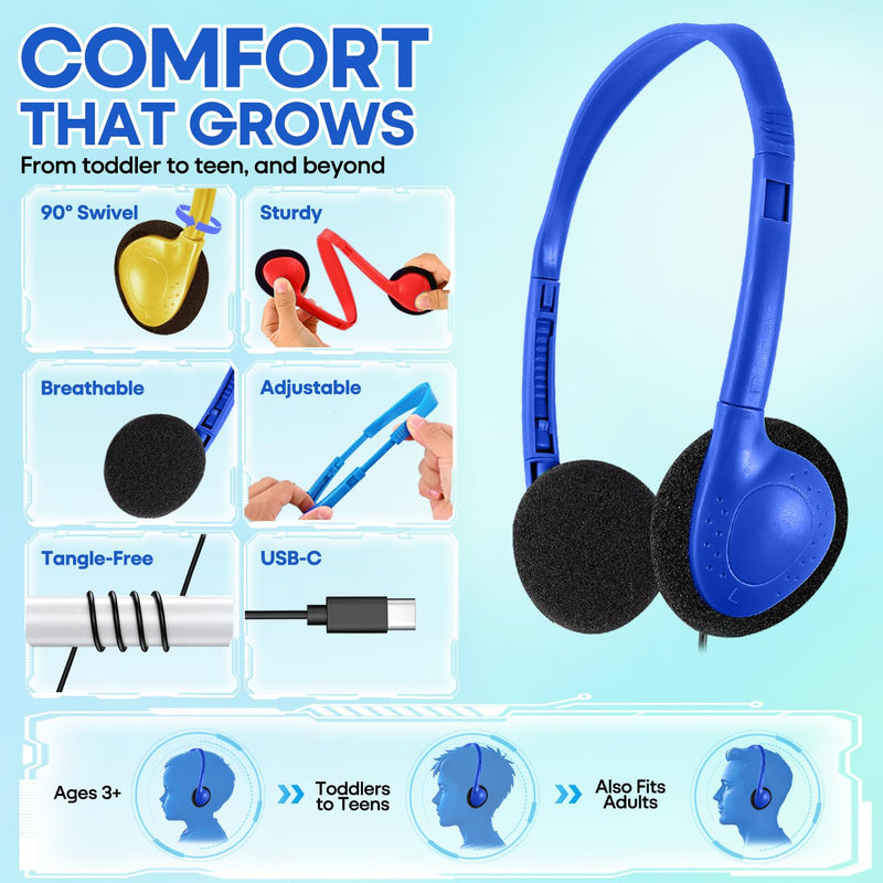USB C Kids Headphones Bulk for Classroom School 10 Pack, Wired On-Ear Type C Headset for Students Compatible with Chromebook Laptop PC Tablet Smartphones (HY857C, 10 Mixed)