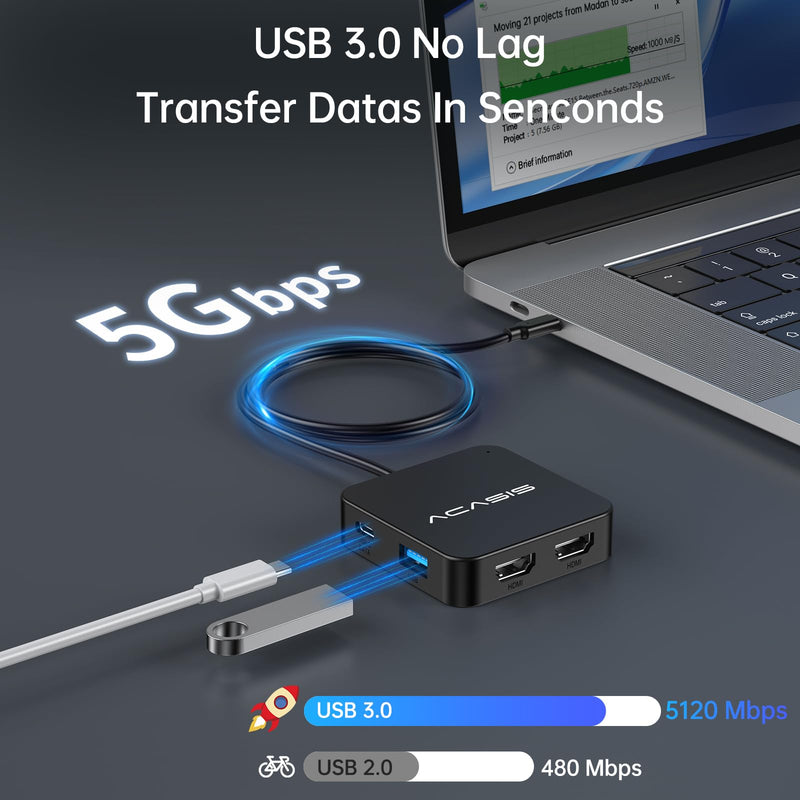 ACASIS Dual HDMI Docking Station with 100W PD Charging, 5Gbps USB-C and USB-A Data Ports, HDMI Hub for Dell XPS/HP/Lenovo/Surface/Yoga 2FT-2HDMI 4K60