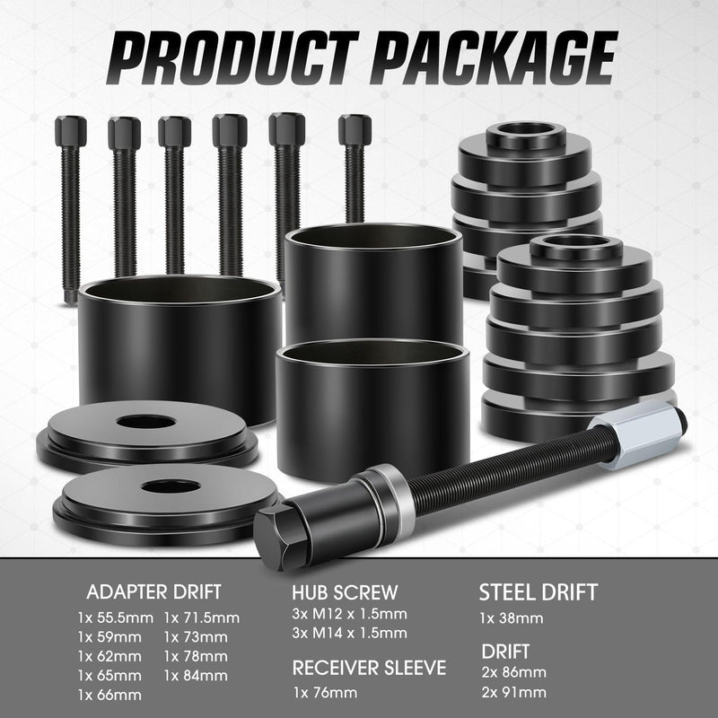 DNA MOTORING 19pcs Front Wheel Bearing Press kit Bearing Puller Tools Wheel Drive Bearing Removal Tool Kit with Sliding Screws Universal Bushings Sleeves Storage Case, TOOLS-00782