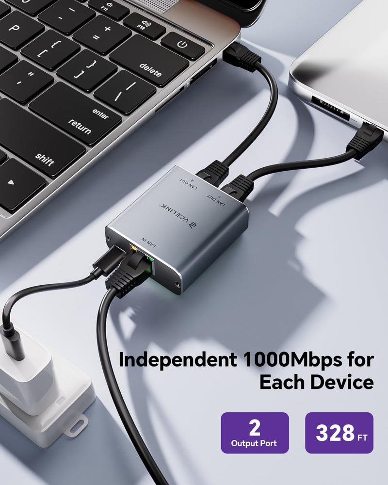VCELINK Ethernet Splitter 1 to 2, 1000Mbps Ethernet Switch with USB Power Cable, Supports 2 Devices Simultaneously Networking, Compatible with Cat7/Cat6/Cat5, Ideal for PS5, Xbox, Smart TVs, Laptops
