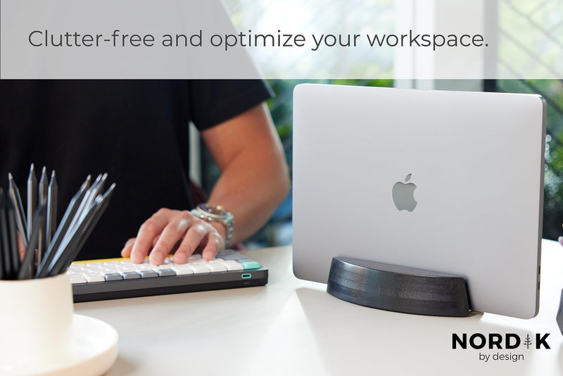 Nordik Vertical Laptop Stand - Black - Premium Laptop Dock and Holder for Home Office, Software Engineers - Space Saving Desk Dock for Mac Users and Laptop Users - Stable Non-Slip Wood Stand Midnight