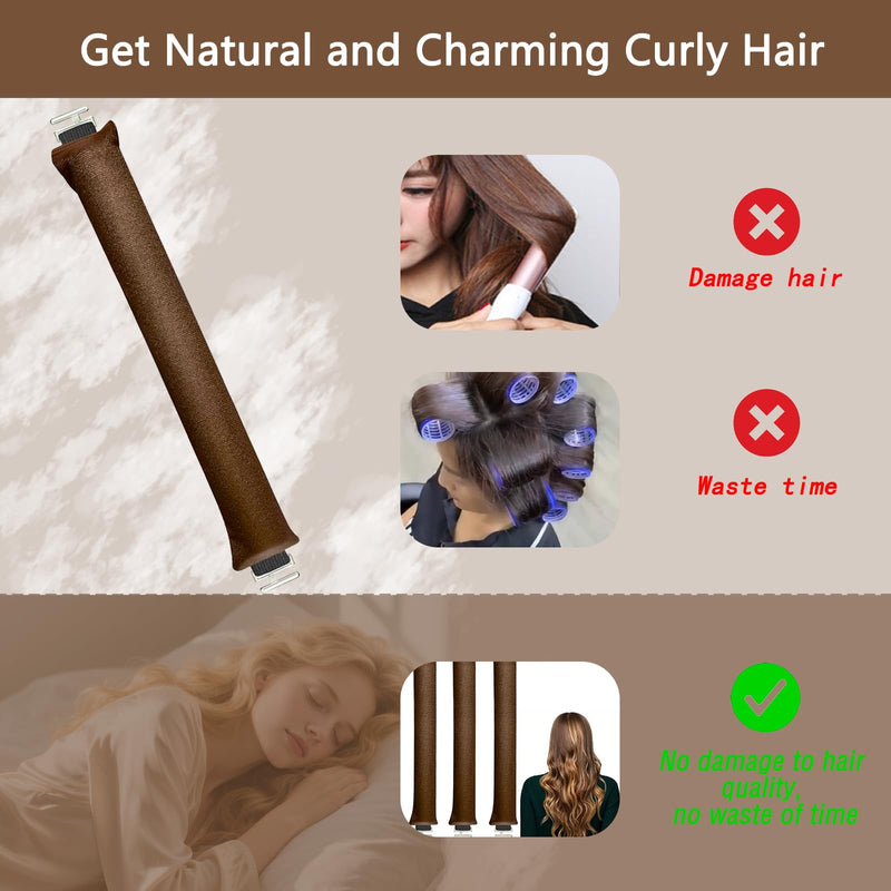 3 PCS Overnight Heatless Rods Curls Blowout,2025 Version No Heat Curler Roller for Long Medium Hair with Hook, Soft Velvet Thick Flexi Rods (Brown)