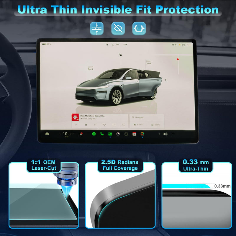 9H Crystal Tempered Glass Screen Protector for Tesla Model Y Juniper 2025-2026 Performance & Premium, Front 16"&Rear 8" Matte Anti-Glare & Anti-Fingerprint, 0.33mm Ultra-Thin, Bubble-Free Installation Kit