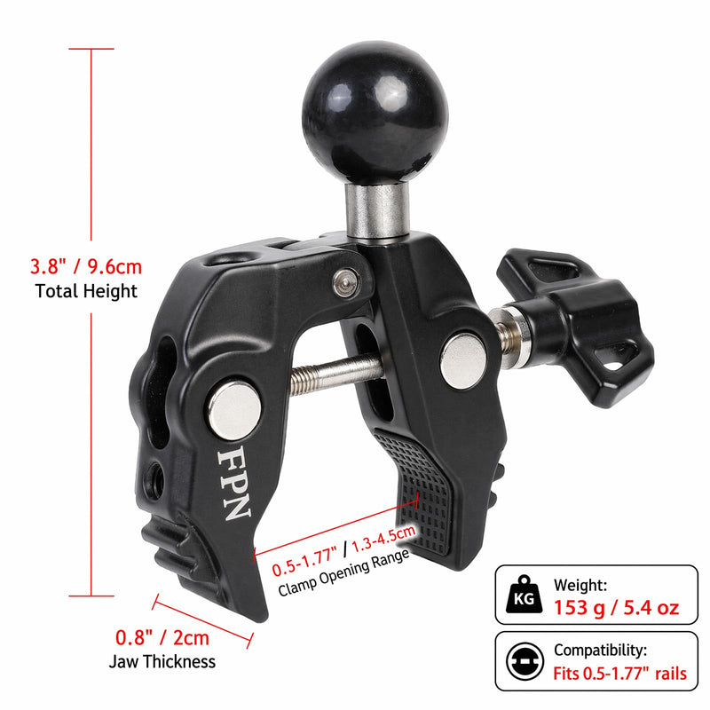 Aluminum Alloy Handlebar Clamp Mount with 1" Rubber Ball for 0.5-1.77 inch Rails, Compatible with RAM Mounts B Size Double Socket Arm, for Motorcycle, Bike, ATV