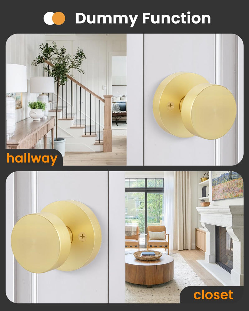 Goldenwarm Gold Door Knob Dummy, Zinc Alloy Keyless Brushed Gold Door Knobs for Closet and Bifold - Single Side Non Turning (1 Pack/2 Pieces) 1