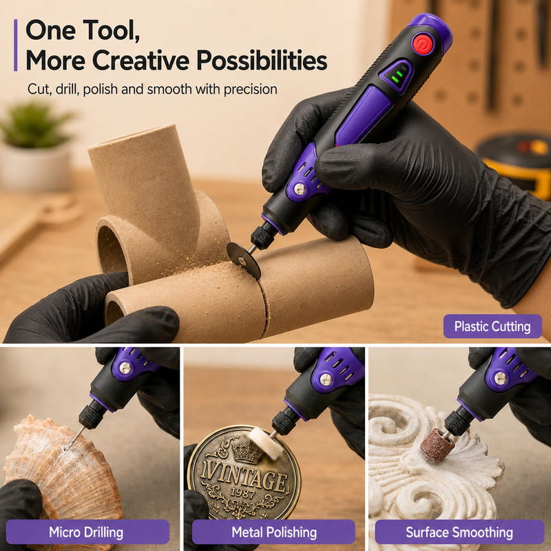 Cordless Rotary Tool Kit, 3.6V Mini Rotary Tool with 82 Accessories, 3 Variable Speed Rechargeable Engraving Pen & Electric Grinder for Wood, Glass, Metal Drilling, Sanding, Polishing Purple (Indicator Light)