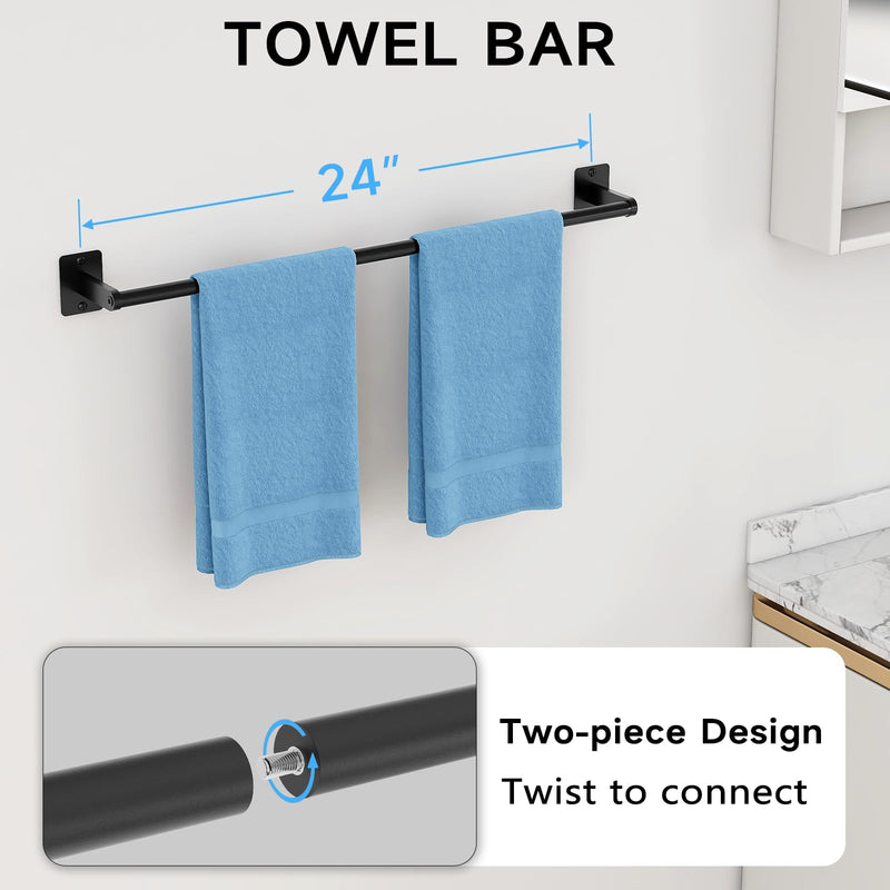 Matte Black Bathroom Accessories Set, KLJKPA 4 Pieces Bathroom Hardware Set, 24 inch Towel Bar, Towel Racks for Bathroom, Robe Towel Hooks, Toilet Paper Holder Wall Mounted Black (4 Piece)