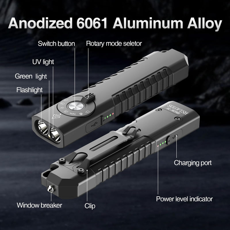 Solofish 1400-Lumen Aluminum EDC Flashlight with UV，Green Light and 140-Lumen White LED Combo (5-in-1), Portable Pocket Light with Strobe/Window Breaker, Rechargeable