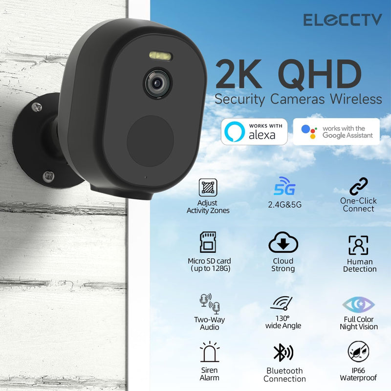 Security Cameras Wireless Outdoor, 2K/3MP QHD Home Security System 4-Cam Kit with 130°-Wide View, Night Vision, Spotlight,IP65 Waterproof, Support Alexa,2.4GHz & 5GHz WiFi,Cloud/SD (C363-B-4PC) C363-B-4PC