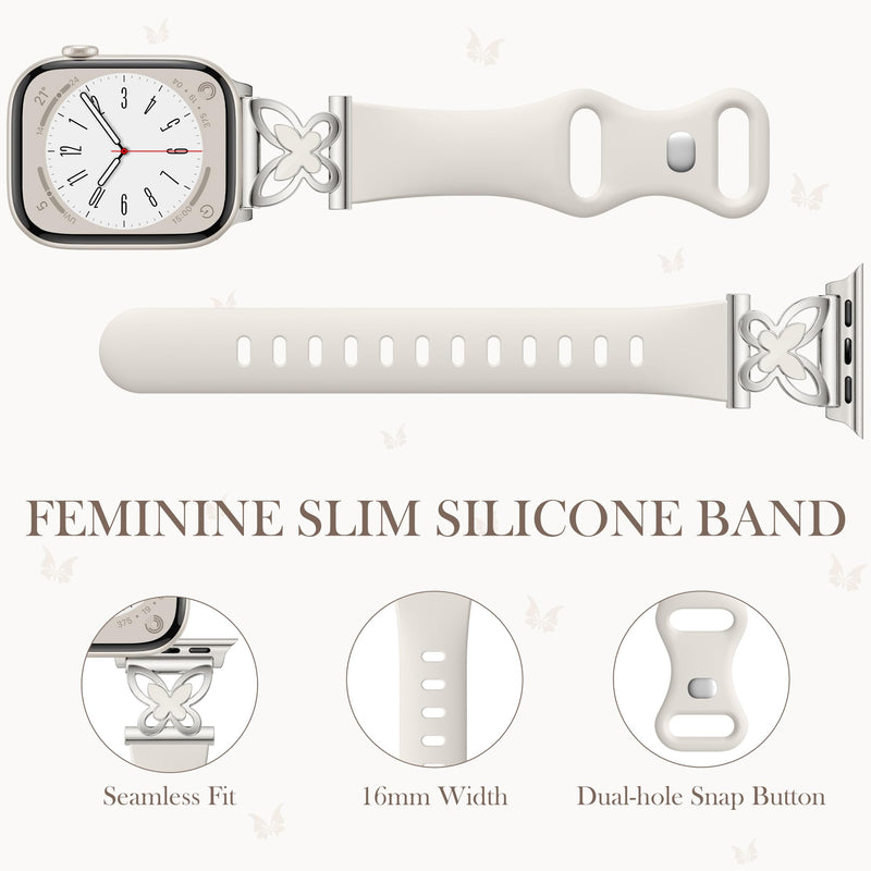 Lerobo Slim Silicone Band Compatible with Apple Watch Bands for Women | Dressy Metal Butterfly 16mm Thin Strap for iWatch Series 11 10 9 8 7 6 5 4 SE Ultra 38mm 40mm 41mm 42mm 44mm 45mm 46mm 49mm A-Starlight 38mm/40mm/41mm/42mm(Series 11 10)