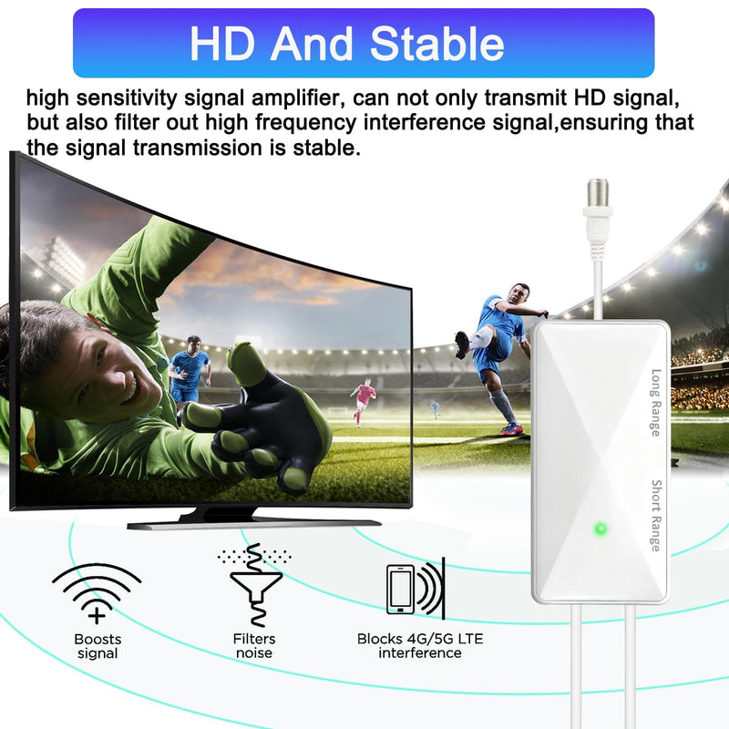 TV Antenna Amplifier Signal Booster, Suit for All Antennas, White | 25DB High Gain Powerful Antenna Booster for TV Antennas, Clear Up Pixelated Amplifier, Adjustable Reception Range, USB Power WHITE-S