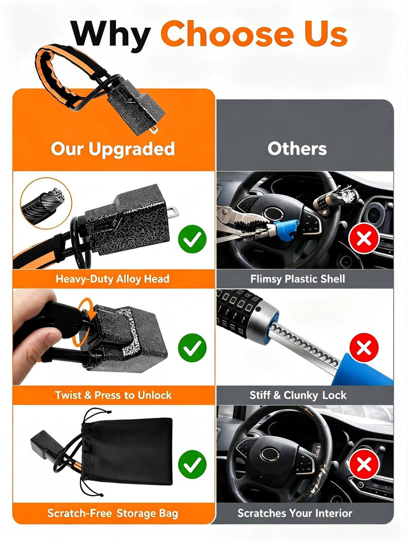 Steering Wheel Lock, Seat Belt Anti-Theft Device, 3 Keys | 27.5 in Braided Steel Cable With an Alloy Metal Lock Head, Reflective Nylon Sleeve & Storage Bag, Fits Most Car SUV Golf Cart black orange