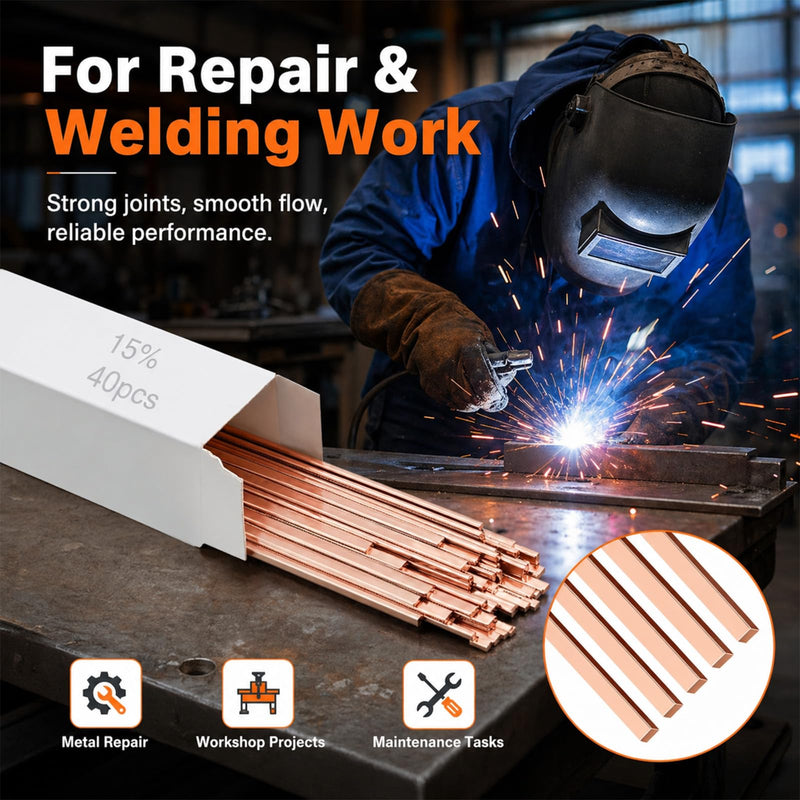 Tandefio 15% Silver Brazing Rods AWS BCuP-5 40 Sticks, Silver Solder Flat Welding Rods 0.050"x1/8"x10" for Air Conditioning, Refrigerator, Cold Storage & HVAC Units, Phos Copper Brazing Alloys BCup-5, 15% Silver