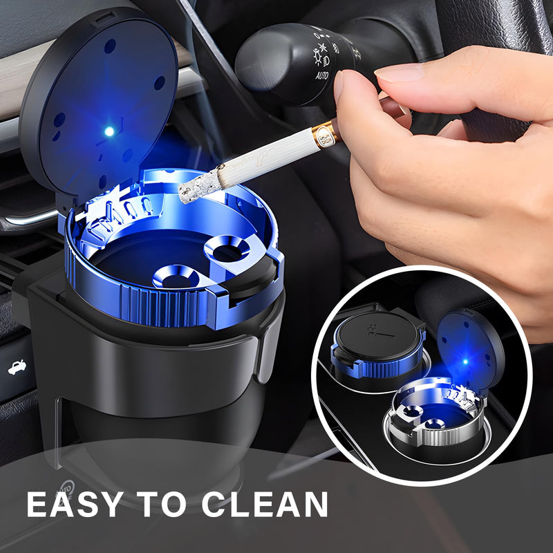 Car Ashtray with Lid, Detachable Stainless Smokeless Auto Ashtray with LED Blue Light, Portable Mini Trash Can for Cup Holder, Universal Vehicle Interior Accessories (Blue)