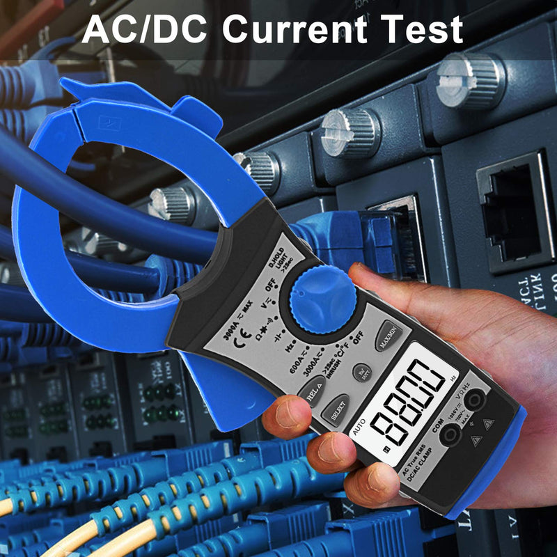 Digital Clamp Meter 3000A Amp Meter, BTMETER Auto Ranging Multimeter True-RMS Measure AC/DC Current Voltage Frequency Resistance Capacitance Temperature, Electrical Tester BT-860N Blue