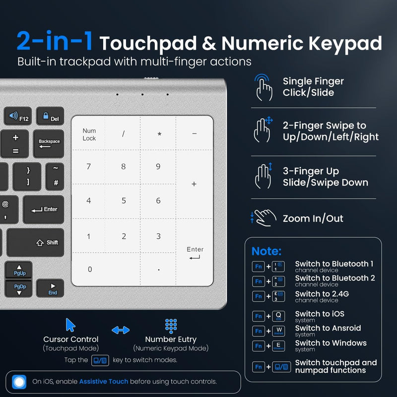 SOPPY Multi-Device Wireless Keyboard with Numeric Touchpad, Mini Bluetooth Keyboard, Stainless Steel Slim Wireless Keyboard with USB Receiver for MacBook/iPad/Tablet/PC/Laptop, QWERTY US Layout
