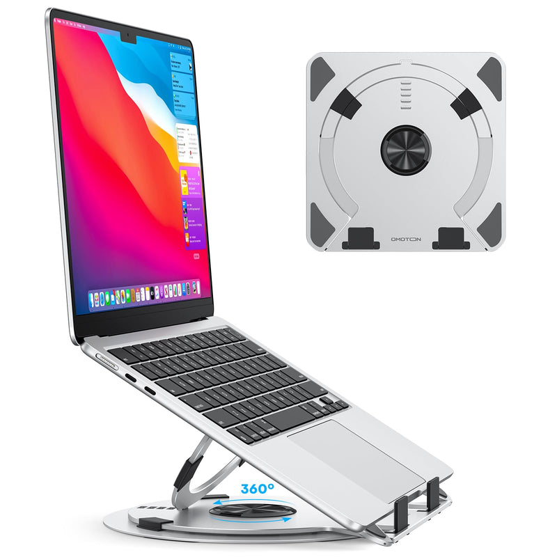 OMOTON Portable Laptop Stand for Desk, Ergonomic Computer Stand with 360° Rotating Base, 5-Level Adjustable Aluminum Foldable Mount, Compatible for 10-15.6" Laptops