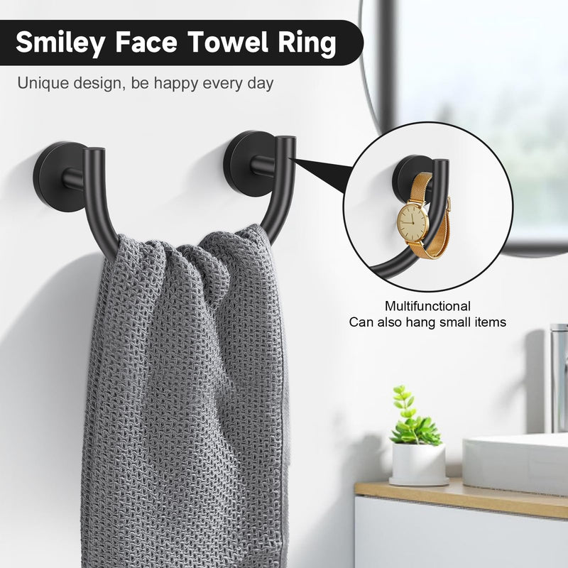 Matte Black Towel Bar Set, 5-Piece Bathroom Hardware Set with Smiley Face Towel Rings, Stainless Steel Wall-Mounted Towel Rack Set 23.6 Inch