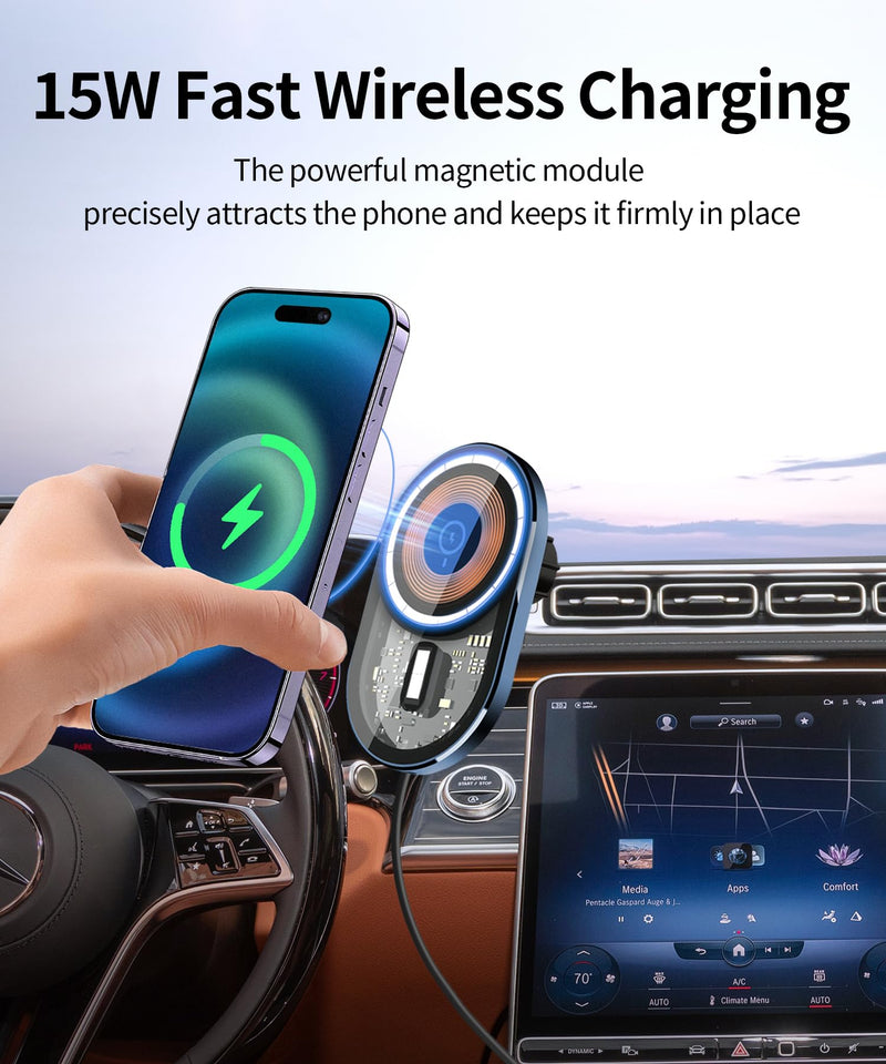 15W Wireless Charger Car Phone Holder for Mercedes-Benz S-Class 2021-2026 | 12.3" Screen Magsafe Accessories Fast Charging Magnetic Cell Phone Holder Clip Compatible with iPhone Android, 3D Fit Bracket