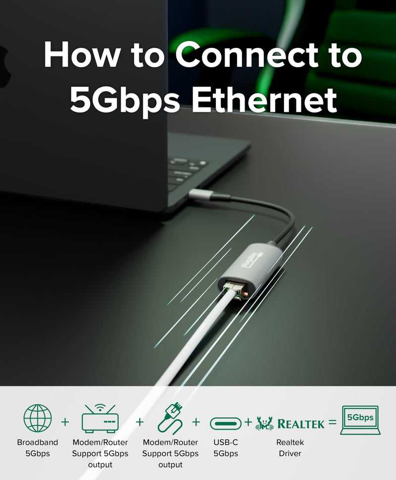 Plugable 5Gbps USB-C Ethernet Adapter | 5000Mbps Wired Network for Windows, macOS, and ChromeOS Laptops and Desktops | Realtek RTL8157 | Supports CAT6, CAT6a and CAT7 Cables (USBC-E5000)